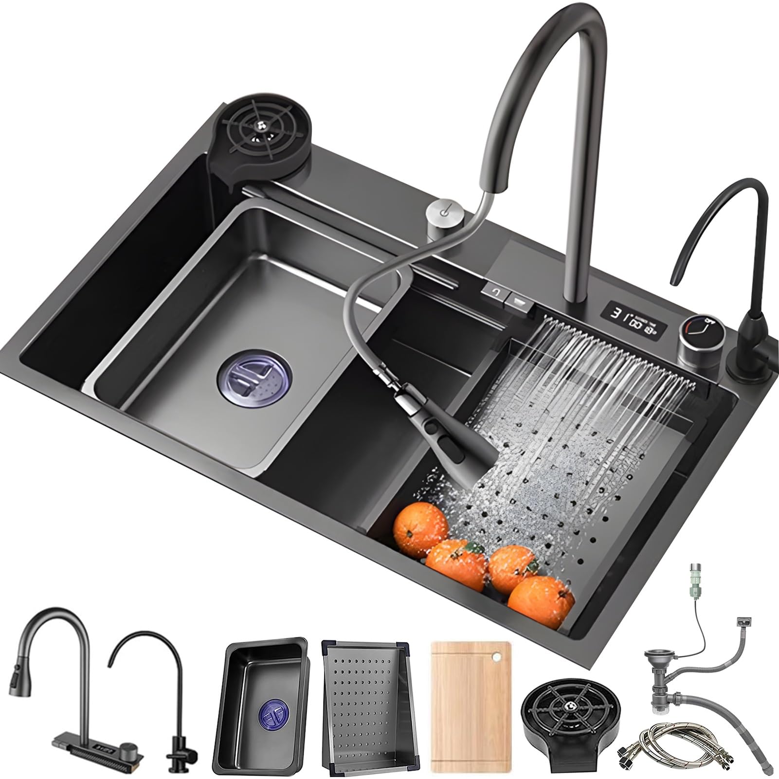 WIQUYBML Single Bowl Waterfall Kitchen Sink, Multifunctional Smart Workstation with Faucet, Grey Black Farmhouse Sink Cup Rinser & 4 Spray Modes(A,85x50x21cm)