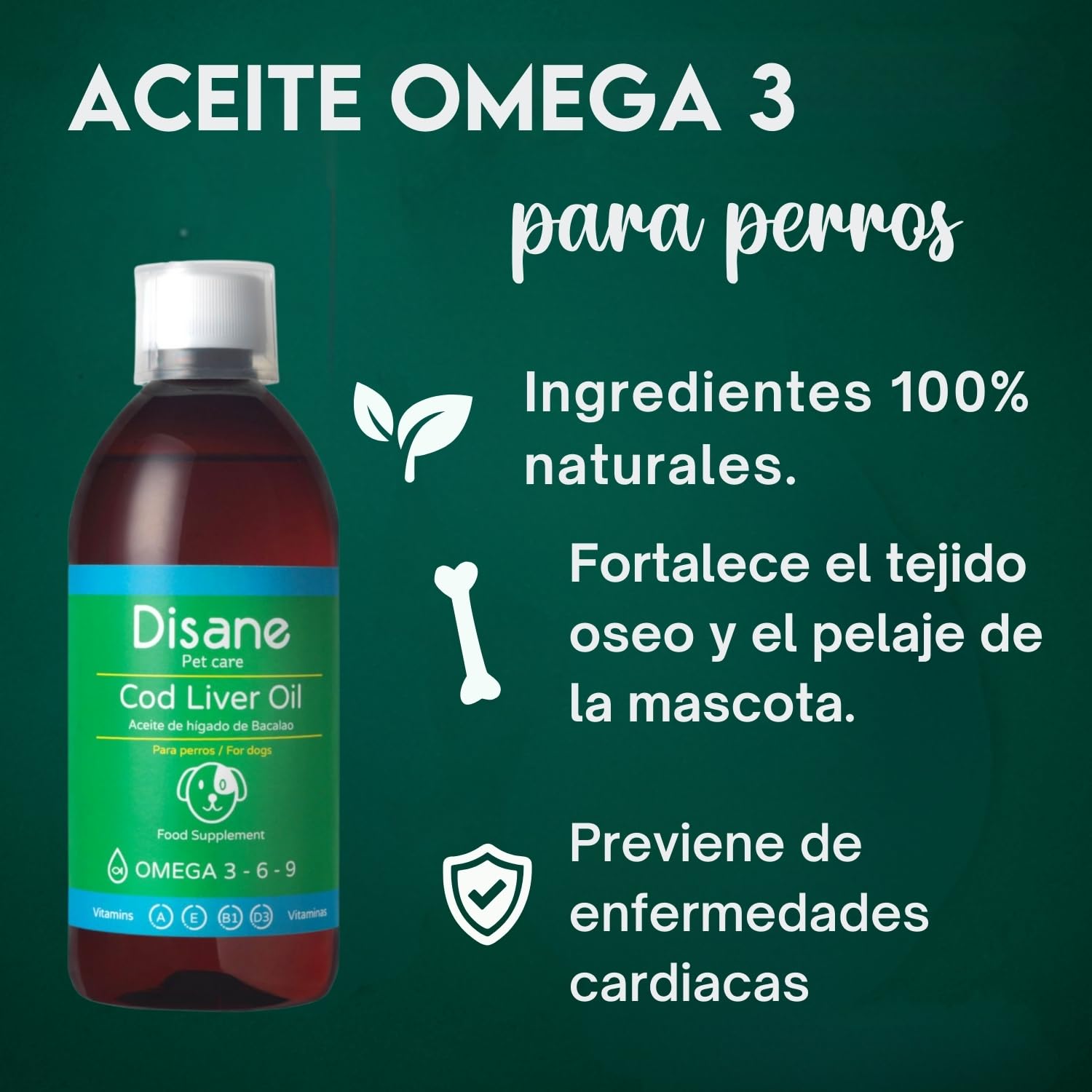 DISANE Aceite de Hígado de Bacalao Perros | 500ml| Suplemento Natural para Cuidado de Las Articulaciones y el Pelaje | Fuente de Omega 3 y Vitaminas para Perros
