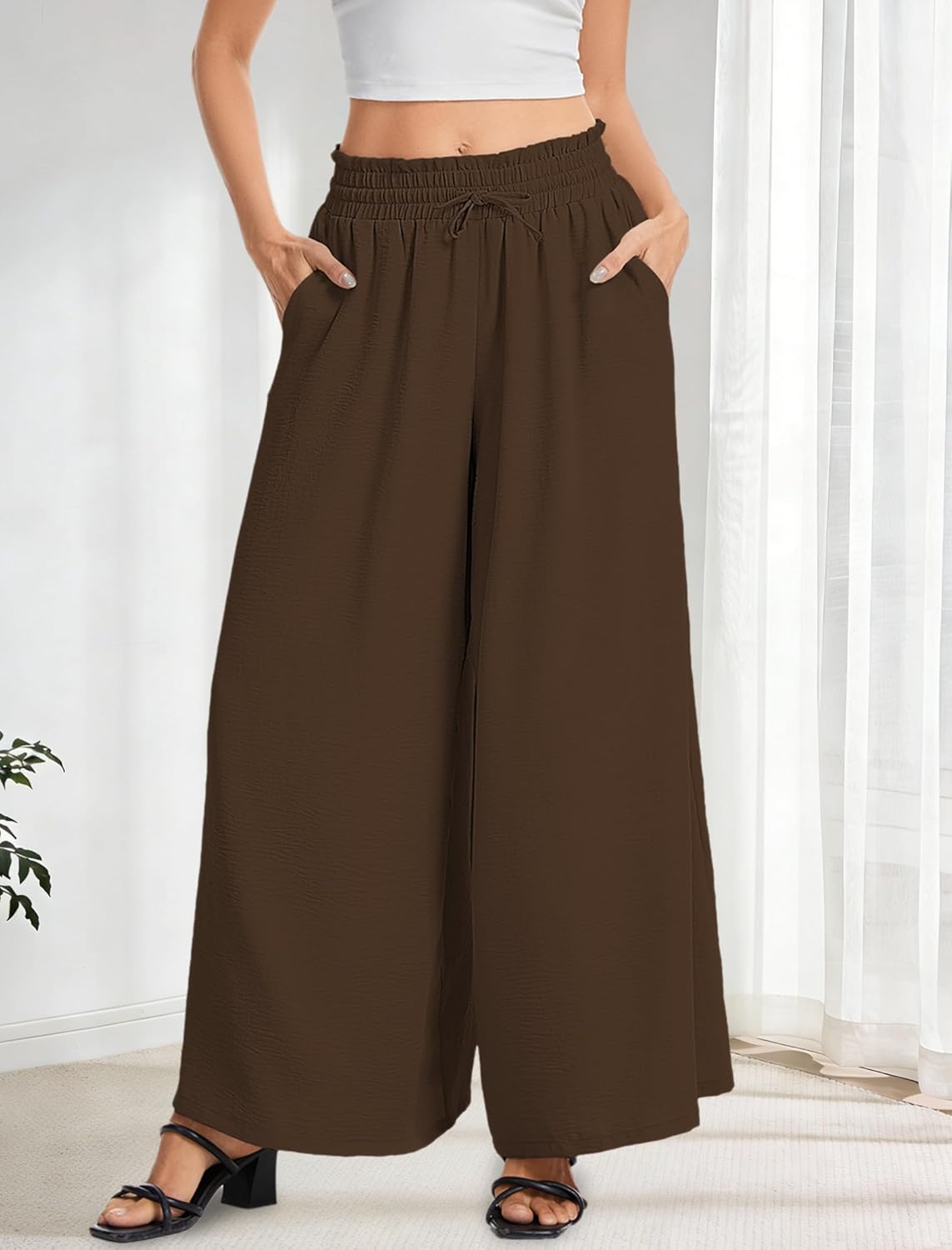 Women’s Wide Leg Pants Drawstring Elastic Waist Casual Trousers Lightweight Loose Lounge Pants with Pockets - Image 3