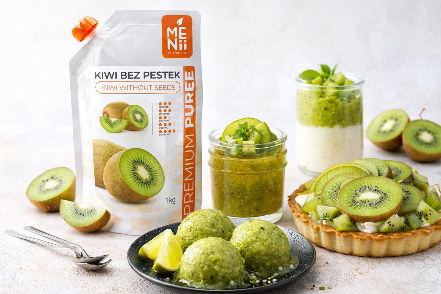 Premium puree kiwi napój, ciasto, desery, lody, gastronomia, owoce, kivi, miąższ owocowy, smoothie, egzotyczne owoce