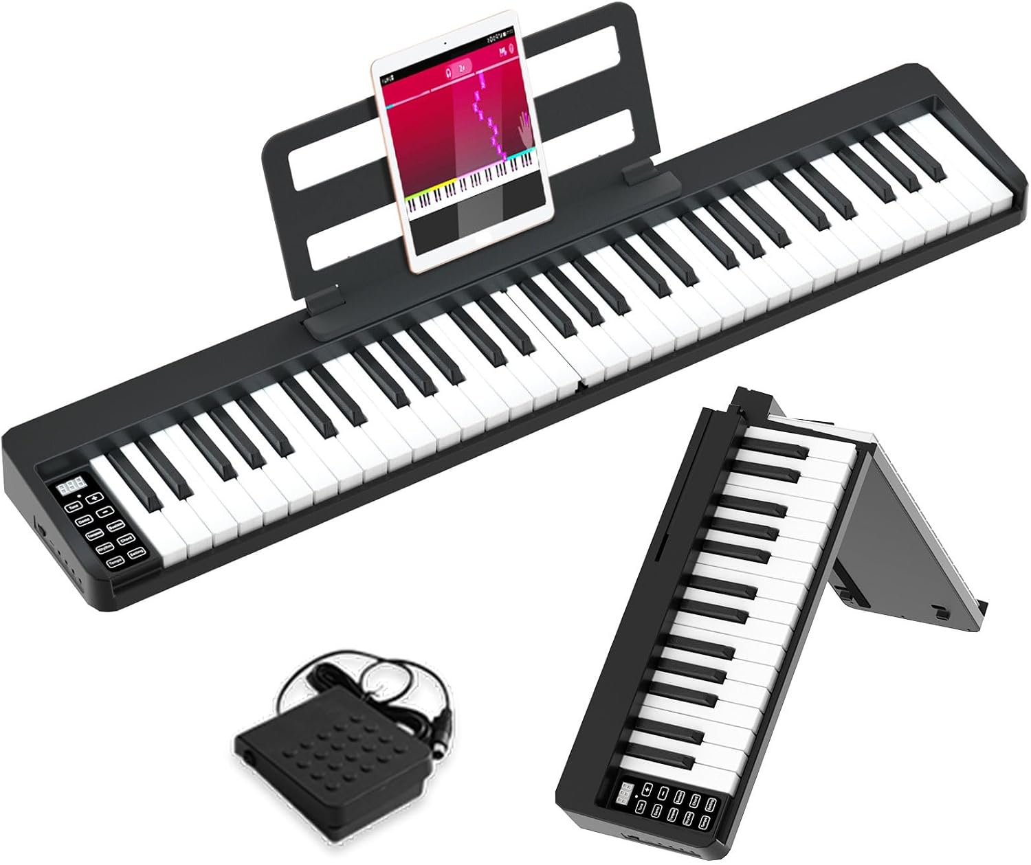 61 Key Folding Piano, Foldable Digital Piano Keyboard with Full Size Keys, Rechargeable Portable Electronic Piano for Beginner Practice at Home or On the Go (Black)