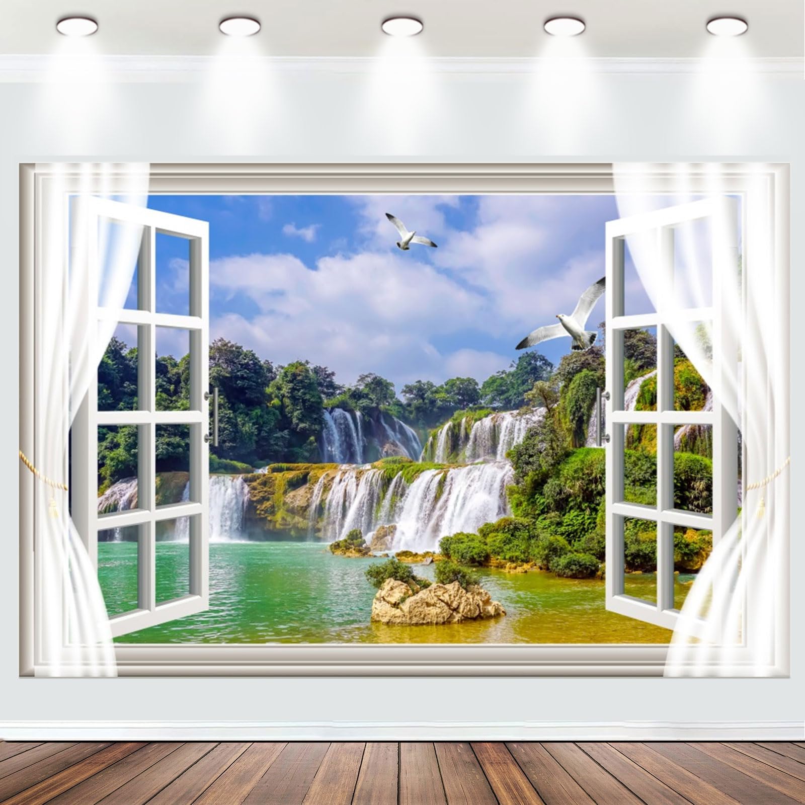 Fabric 5x4ft Waterfall Scenery Backdrop Outside Window View Spring Natural Landscape Photography Background Mountain Forest Birds Wallpaper Artistic