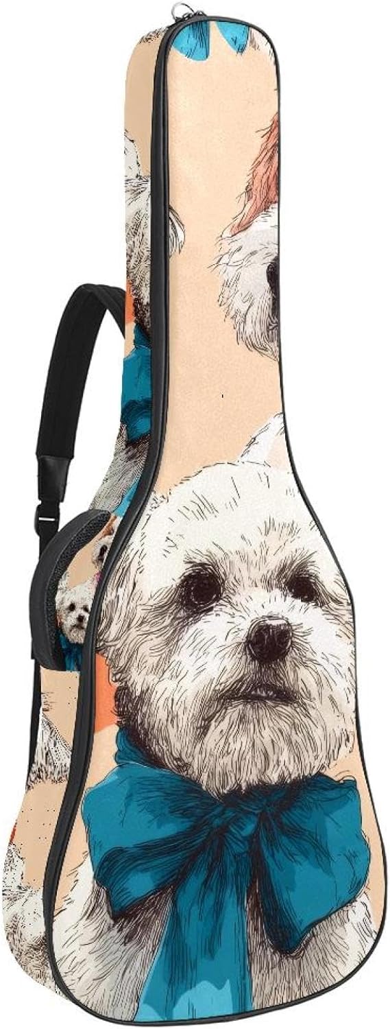 Cute Dogs with Colorful Ribbons Acoustic Guitar Gig Bag, 1 cm Thick Padding Waterproof Guitar Bag Backpack for 40 41 42 Inch Electric Bass Classical Guitars