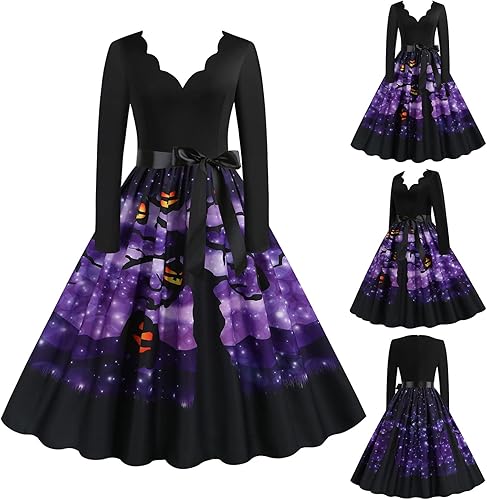 Miniatura 3 de Halloween Dresses Womens Long Sleeve Cocktail Swing Dress Pumpkin Witch Printed Cosplay Party Costume Swing Dress