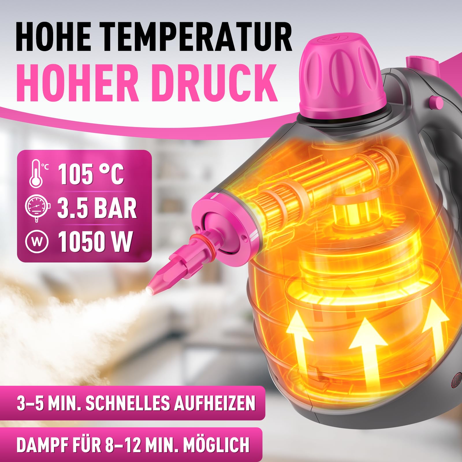 Limpiador a Vapor Portátil 1050W, Vaporeta de Mano con 10 Accesorios, Sin Químicos, 3,5 Bar, 450ML, Vaporeta Limpieza Hogar para Sofa, Tapicerias, Baño, Cristales, Coche, Grasa, Suciedad