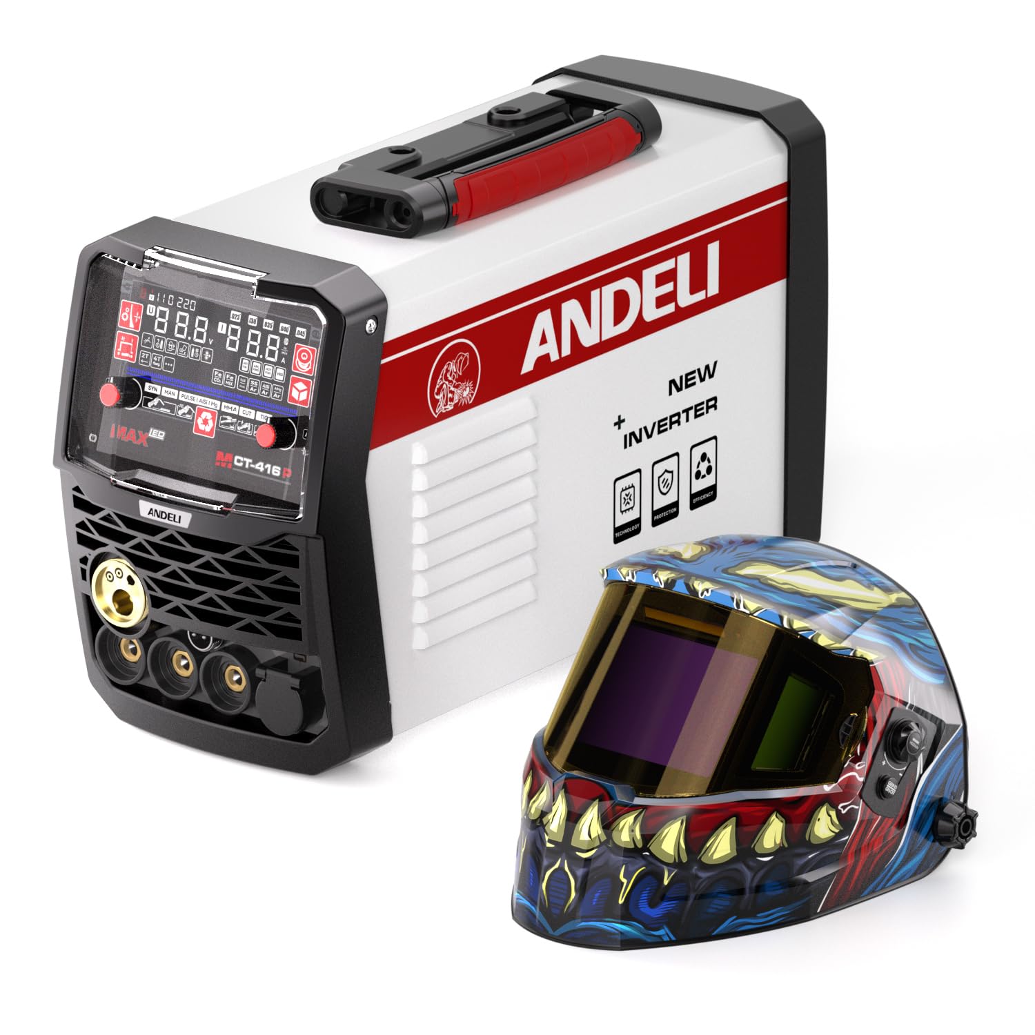ANDELI Poste à souder 6 en 1 230V – MIG Pulse/TIG HF/Plasma/MMA – 160A aluminium – 40A découpe,ANDELI Digital Auto-Darkening Casque de soudage