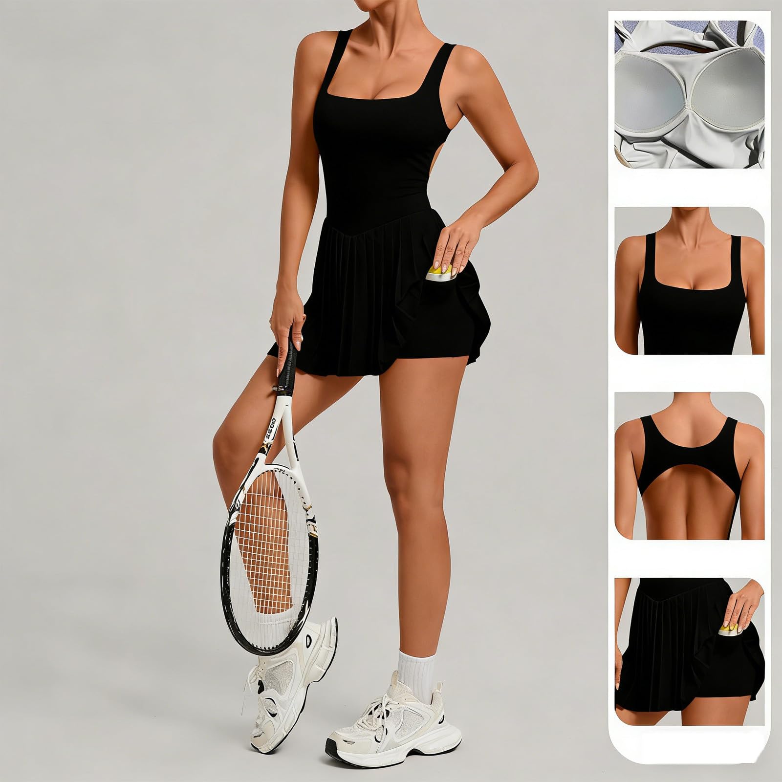 Vestido de tenis para mujer, sin mangas, cuello en U, conjunto de vestido deportivo de verano, minivestido con sujetador integrado, línea A, vestidos de golf, vestido corto ajustado, vestido de verano