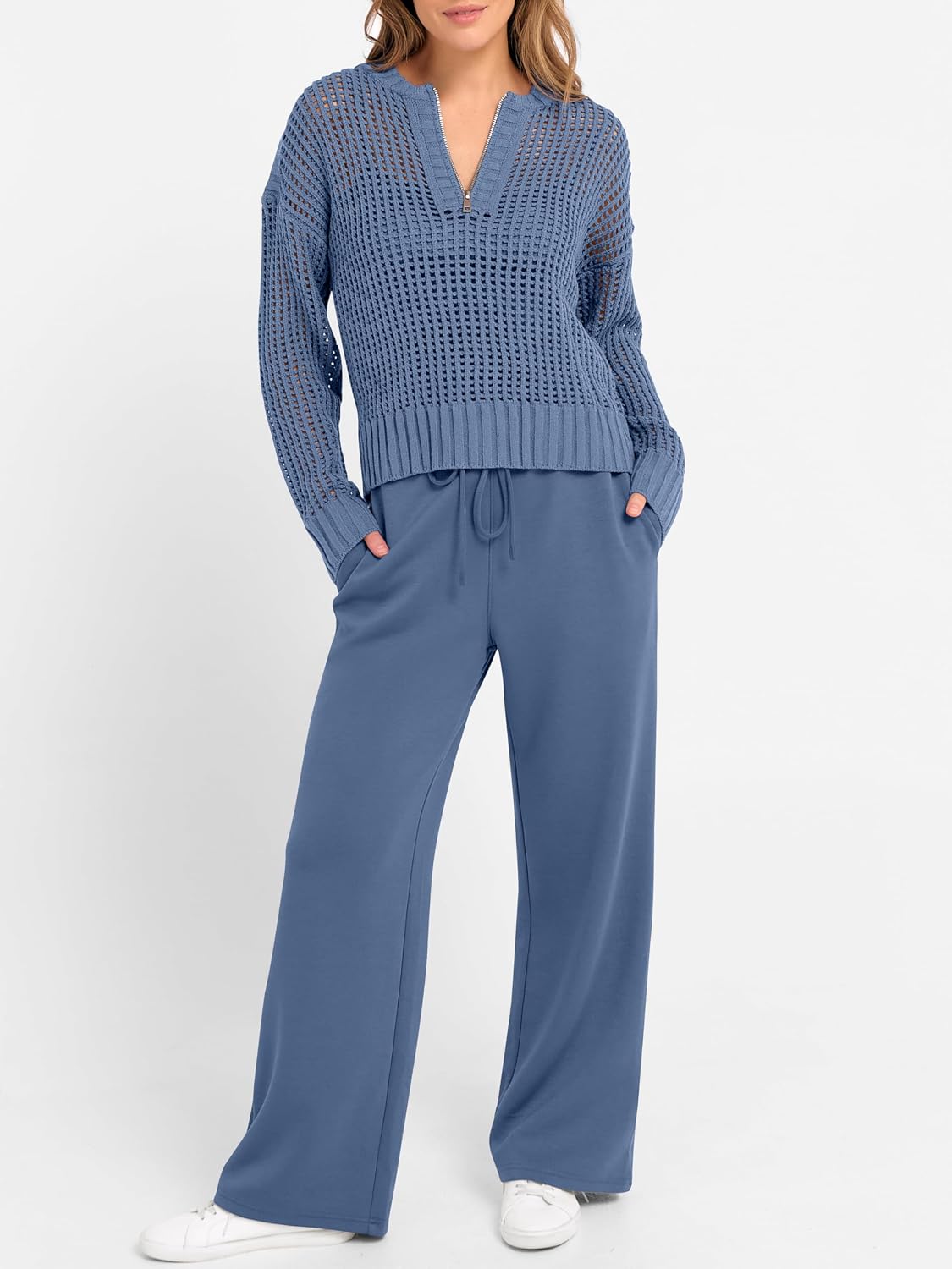 ANRABESS Womens 2 Piece Outfits 2026 Spring Crochet Half Zip Sweater Top Wide Leg Pant Travel Matching Sets Lounge Clothes