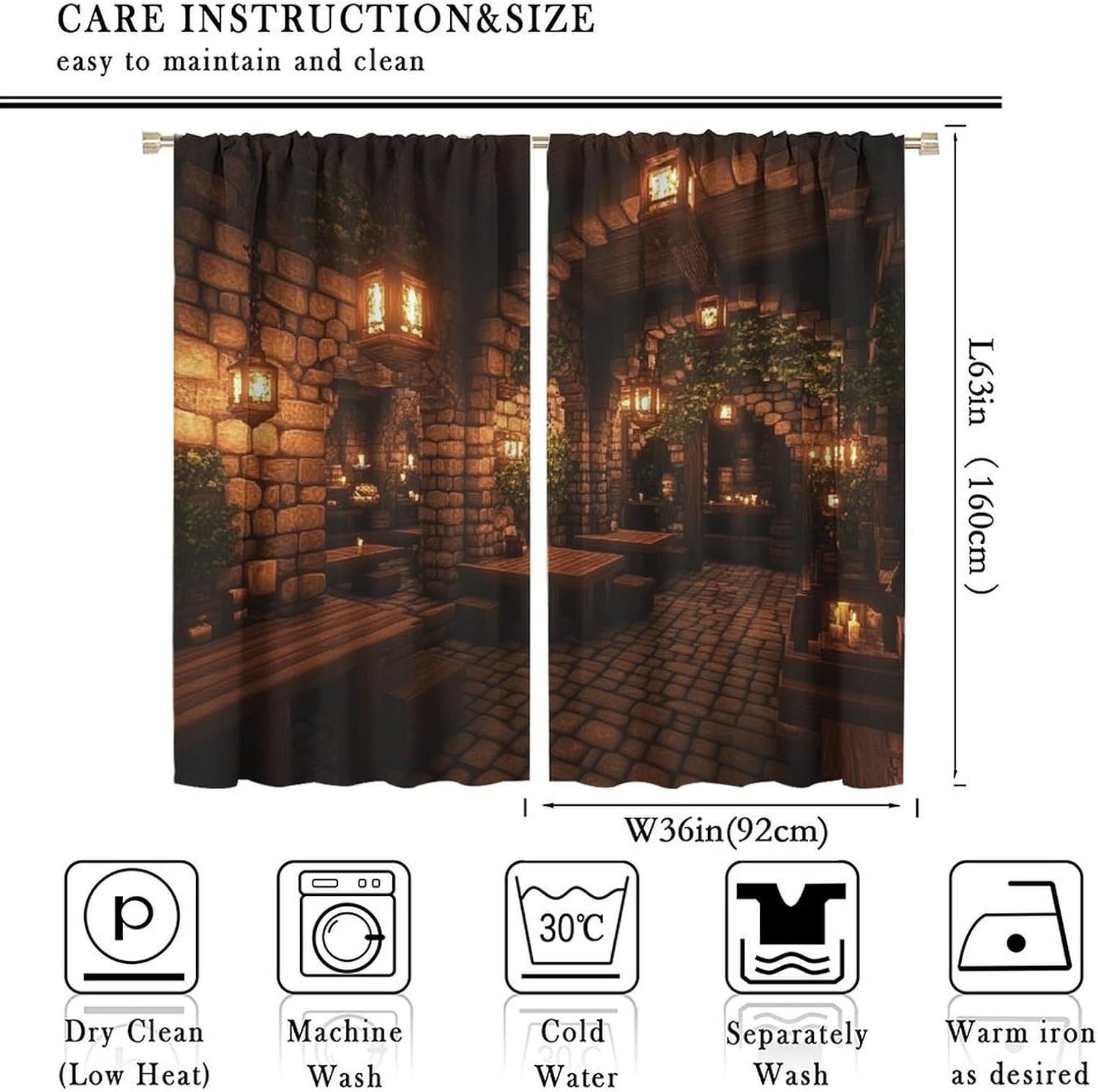 Rustic Tavern Lighting Blackout Curtains for Bedroom Living Room, Rod Pocket Stone Wall Wooden Table Curtains Thermal Insulated Window Drapes 2 Panels, Each 36W x 63L