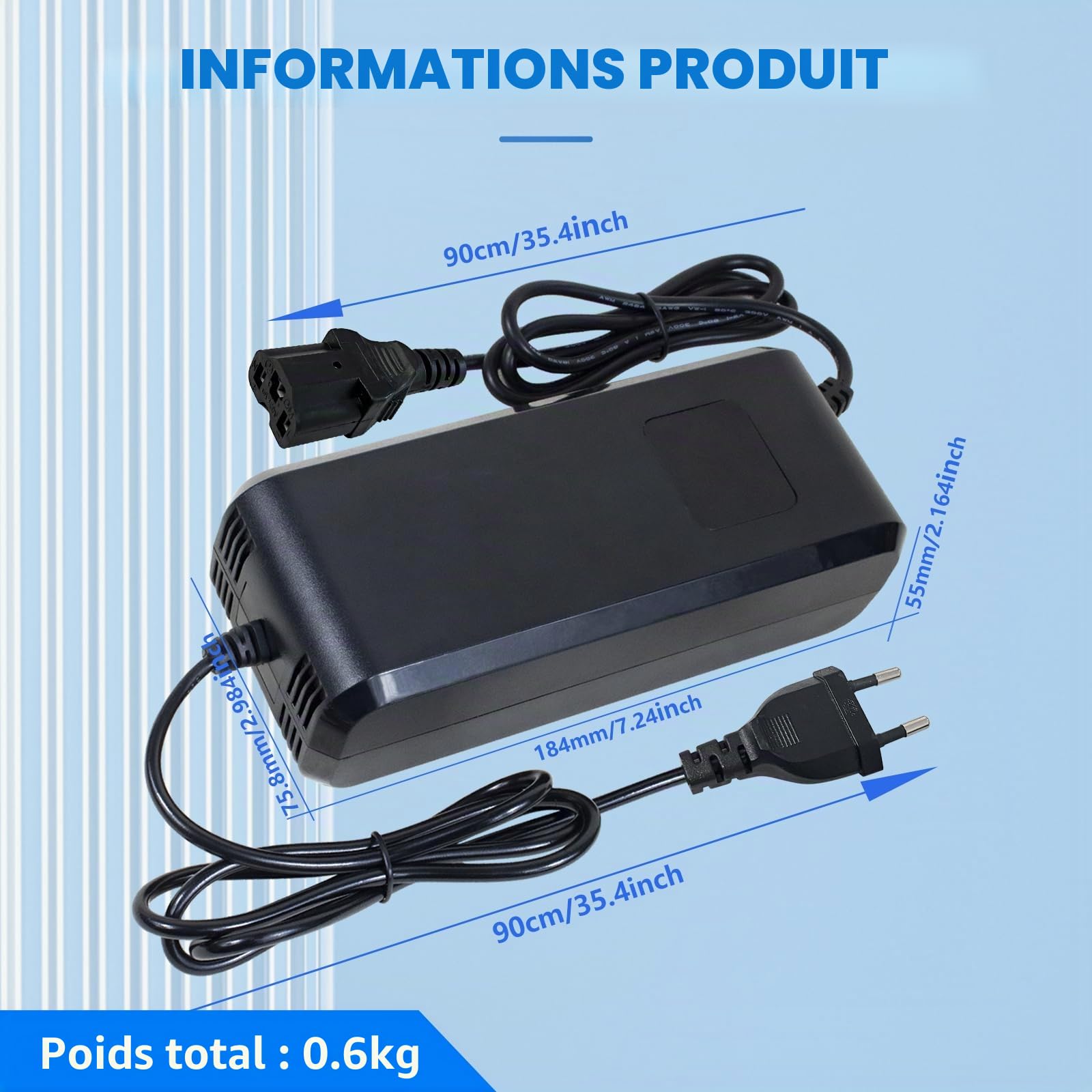 Chargeur de batterie au plomb acide pour scooter électrique 48 V 20 Ah avec écran et prise 3 broches