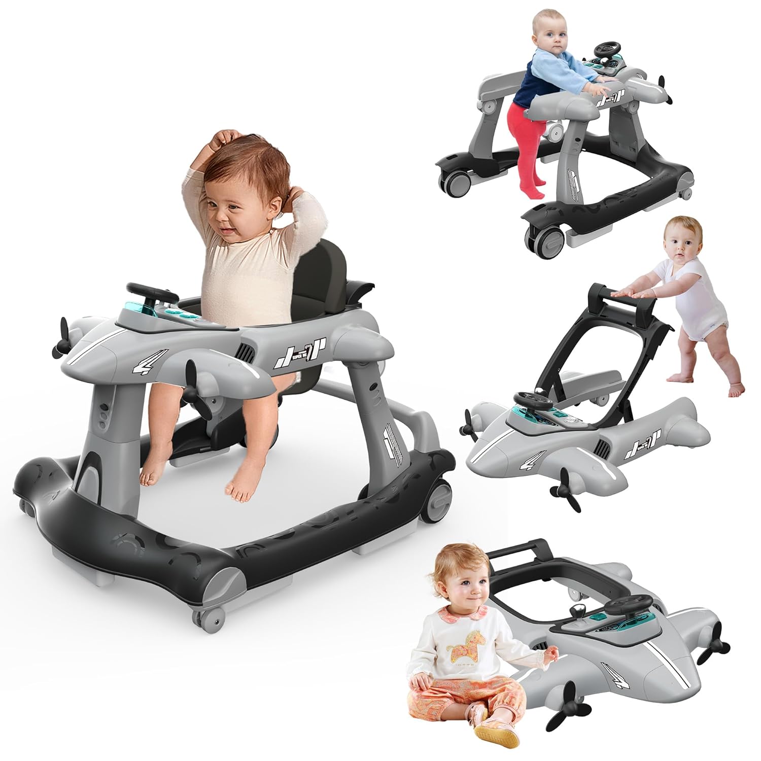 Betterhood 6-in-1 Foldable Baby Walker with Adjustable Height & Speed, Airplane-Themed Activity Push Walker with Music & Lights, Wheels, Anti-Slip Design, Suitable for Boys & Girls Aged 6-18 Months