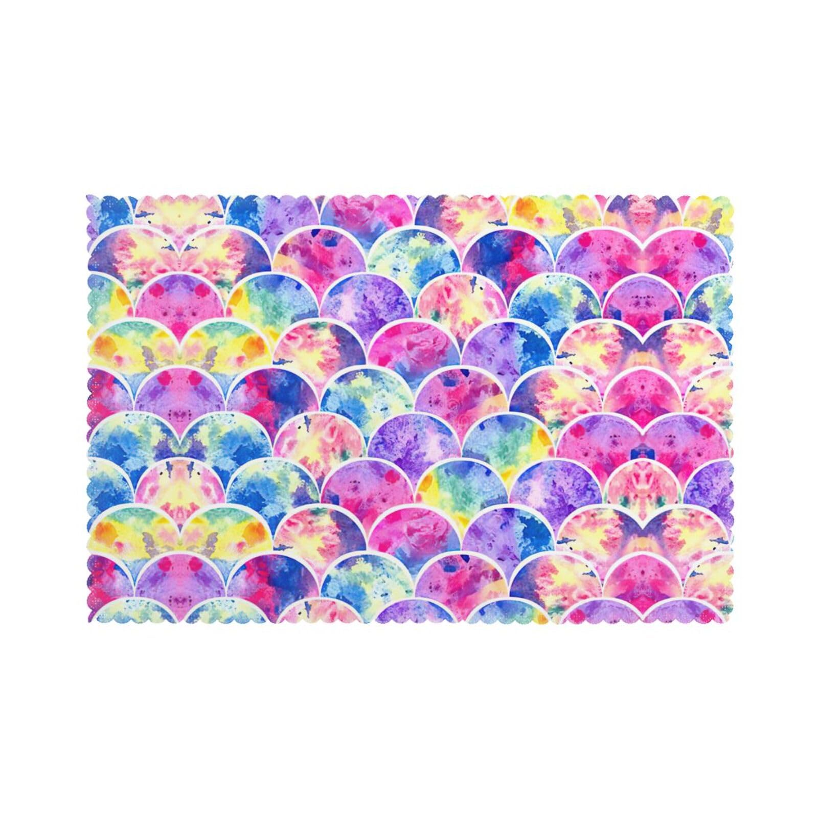 Beautiful Rainbow Colors Mermaid Print Placemats Set Of 6, 12x18 Inch Polyester Washable Heat Resistant Kitchen Dining Table Mats