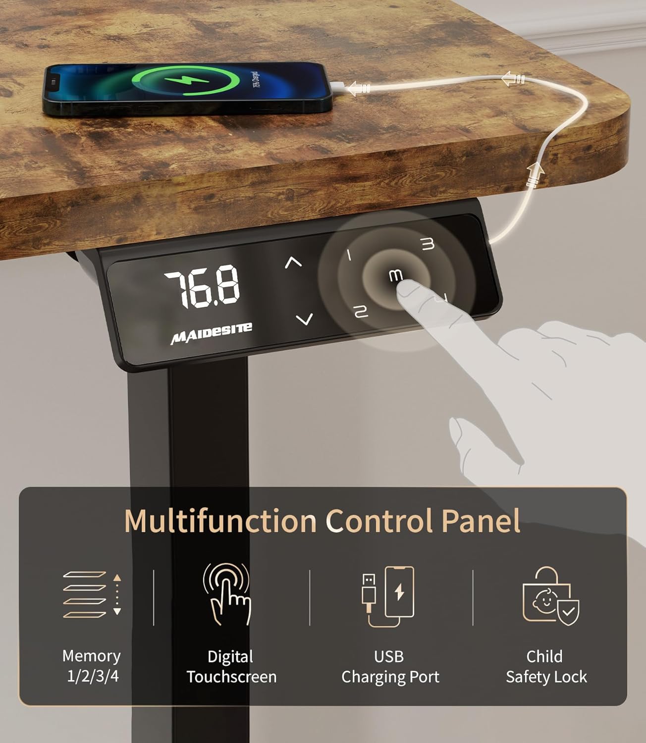 Close-up of the MAIDeSITe M1 Pro multifunction control panel with LED display, USB port, and memory buttons