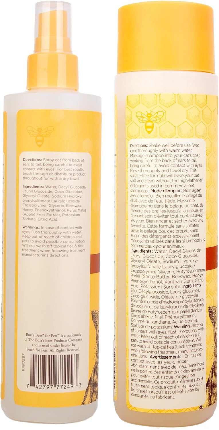 Burt’s Bees for Pets Cat Care Bundle: Waterless Cat Shampoo with Apple & Honey, 10oz & Hypoallergenic Cat Shampoo with Shea Butter & Honey for Dry and Sensitive Skin