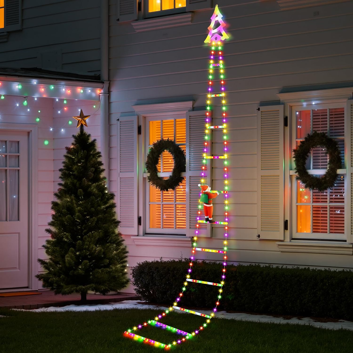 Christmas Ladder Lights with Santa Claus, 248 LED Rope Ladder Light, 8 Lighting Modes & 6H Timer, Waterproof Xmas Decorations Light for Indoor Outdoor, Yard, Porch, Wall, Christmas Tree Decor Multicolor
