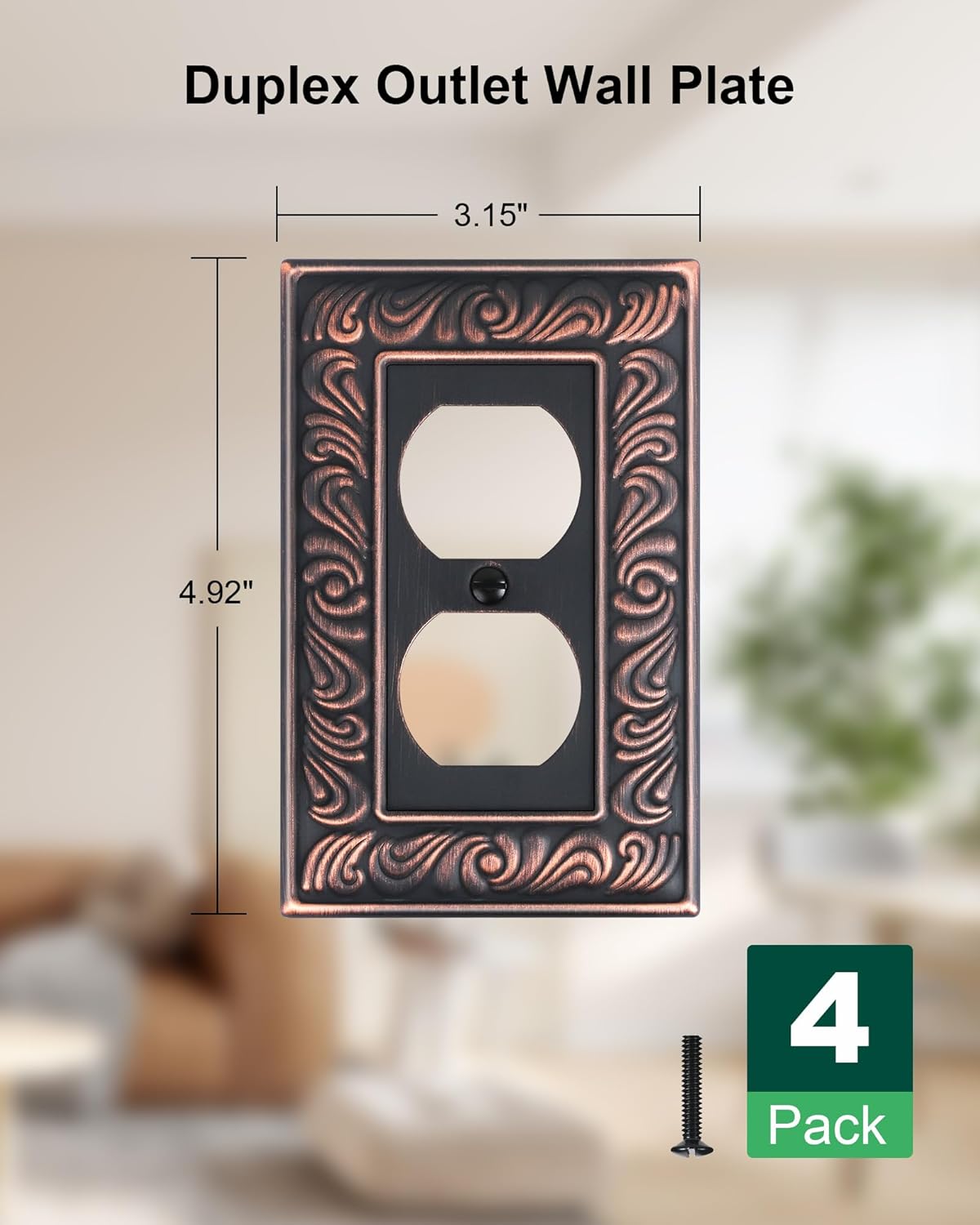 4-Pack Duplex Outlet Cover Plate, Paisley Pattern Decorative Metal Wall Plates for Electrical Outlets, 1 Gang Receptacle Cover, Aged Bronze Switch Plates and Outlet Covers - Image 2