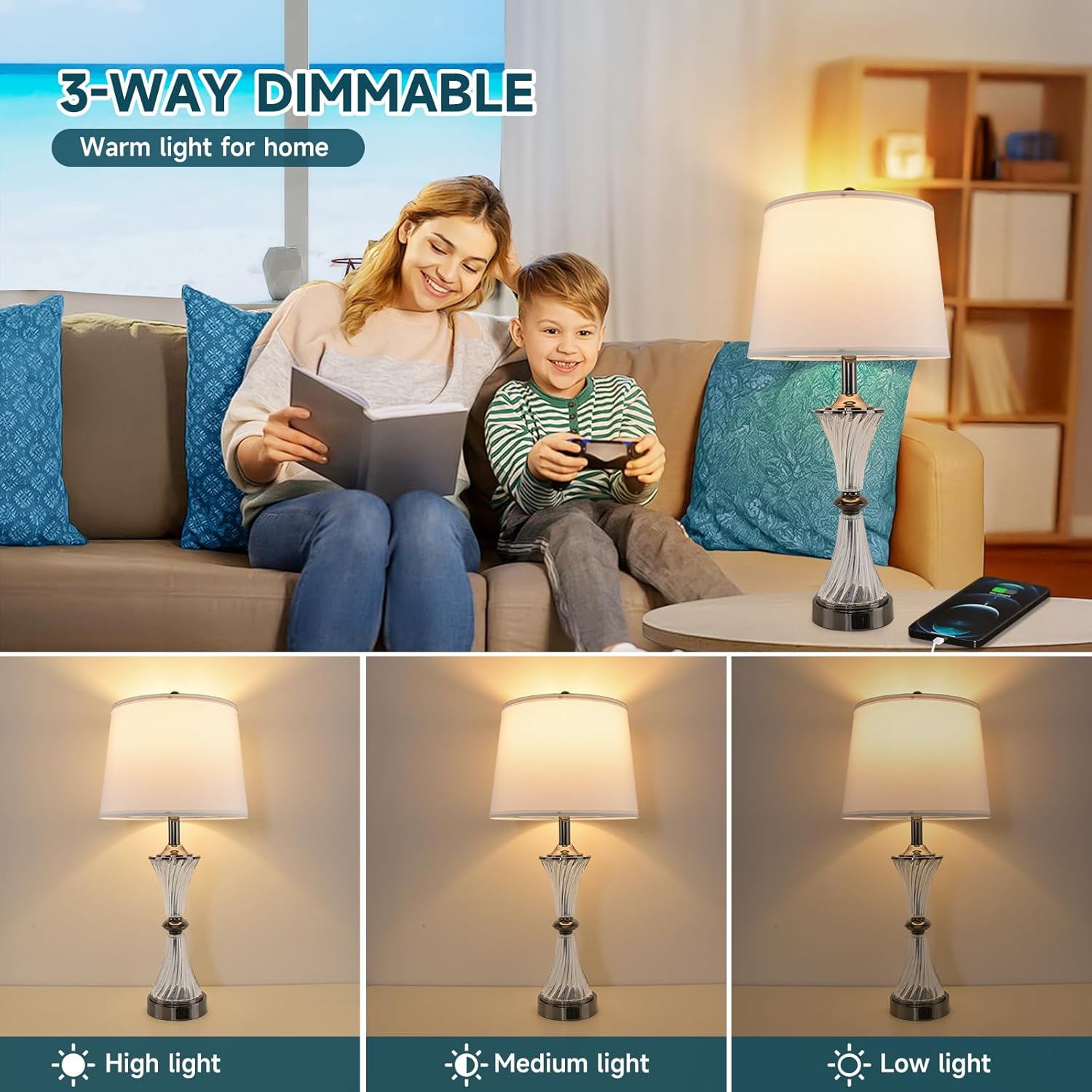 Terpsichore Touch Dimmable Table Lamps Modern Glass Table Lamp LED Lights Coastal Light USB Powered Desk Lights Bedside Crystal Lamps Nightstand Lamp Set of 2 & Outlets for Bedroom, Living Room