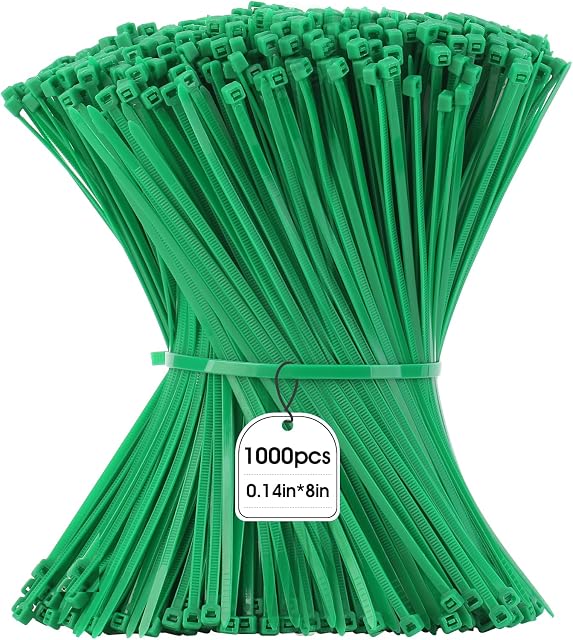 Cravates zippées 1000 en vrac, 8 Cable Tie vert, longue boucle en plastique, résistance à la traction 40lbs, Gestion de câbles Auto-Locing lourd fils de nylon de service UV Résistant pour intérieur et extérieur