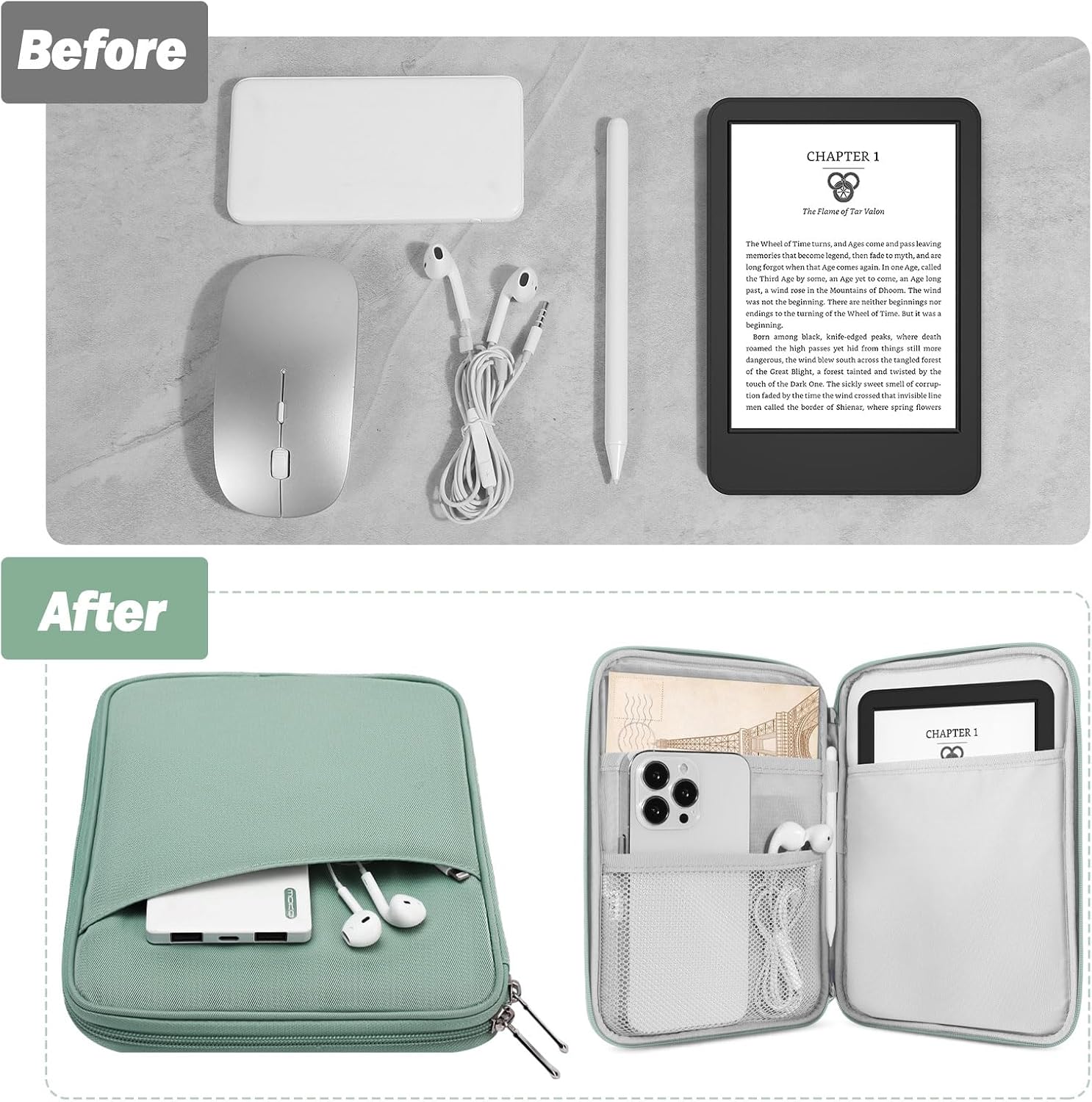 MoKo 6-7" eReader Sleeve Bag for 7" ereader Colorsoft Signature Edition, All-New 6" ereader 11th Gen 2022/10th Gen 2019/8th Gen 2016, 6.8" ereader Paperwhite 11th/10th Gen 2021/2018, Bodhi Green