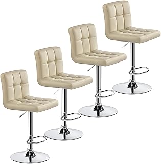 Yaheetech Bar Stools Set of 4, Adjustable PU Leather Swivel Barstools, Modern Counter Stools with Back and Footrest, Counter Height Barstools for Bar, Kitchen, Dining Room, Khaki