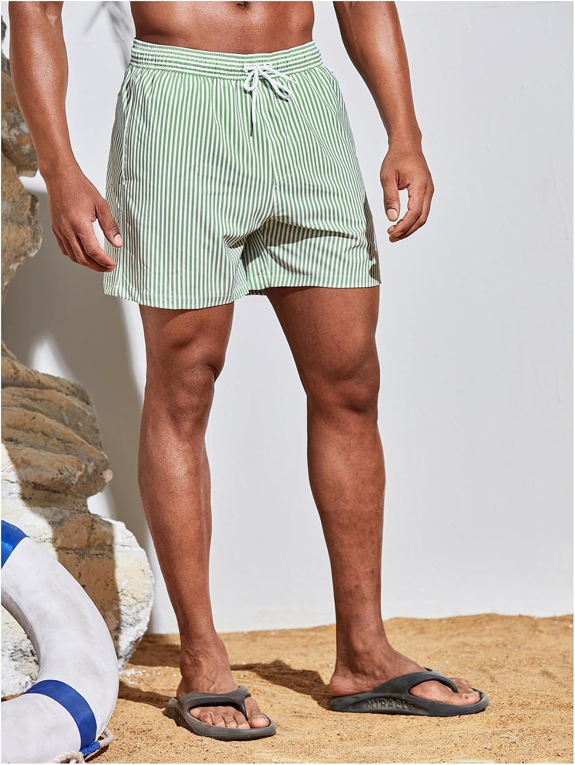 Floerns Men's Striped Swim Trunks Drawstring Waist Board Shorts Beach Shorts with Pockets