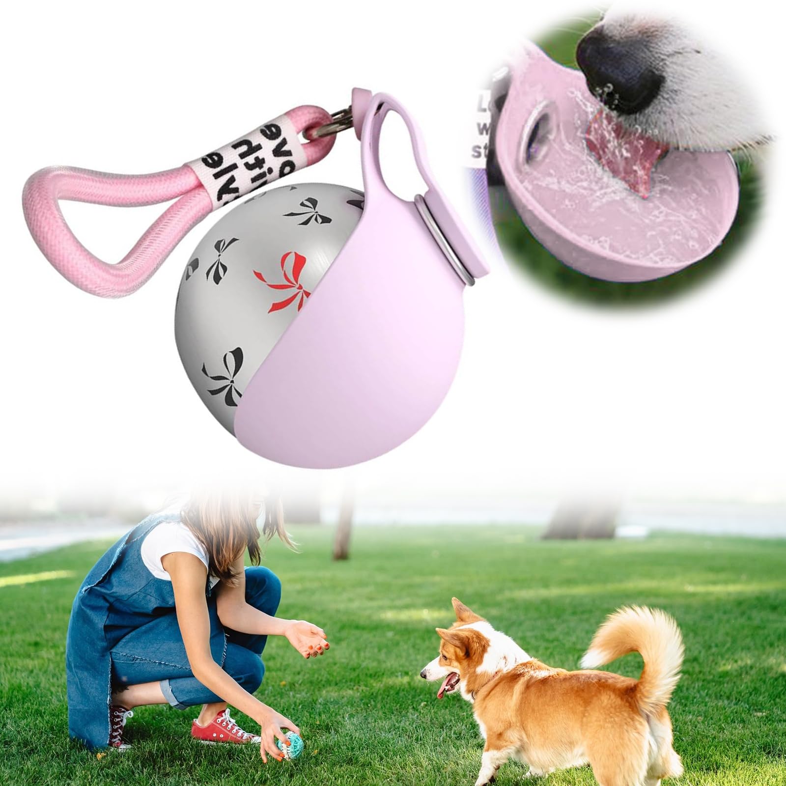 Portable Dog Water Bottle, 2-in-1 Leak Proof Stainless Steel Dog Travel Water Bottle with Collapsible Silicone Bowl, Compact Pet Water Dispenser for Small Dogs Walking Hiking