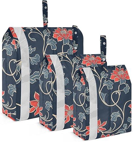 Red Traditional Floral Design 3 Set Travel Packing Cubes For Suitcases With Zipper Closet Storage Bag Space Saver Bags Organizers For Bedroom