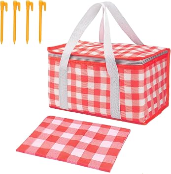 Insulated Picnic Bag, Red | Leakproof Liner, Foldable Reusable Cooler Basket, Includes Disposable Picnic Mat, Sturdy Handle