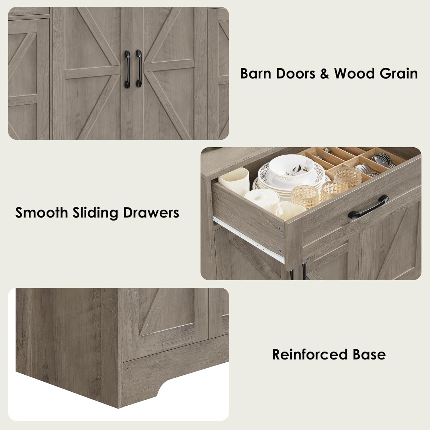 Close-up of barn doors, smooth drawers, and reinforced base of the BOTLOG Sideboard.