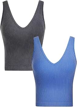 lemonsky 2 Pack Ribbed Tank Tops for Women, V-Neck Seamless