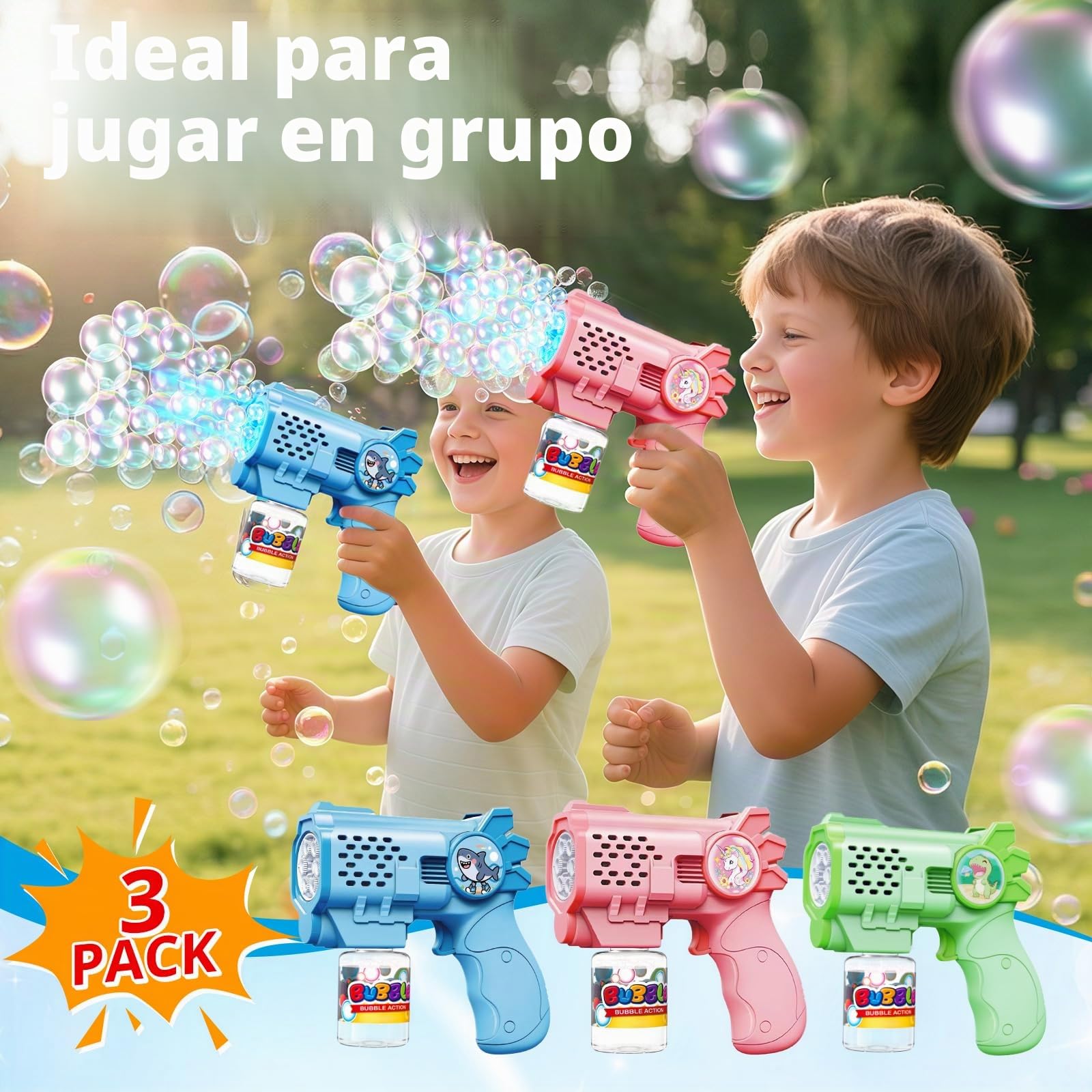 Tecnock Pack de 3 Pistolas de Burbujas Automáticas para Niños, 12 Pilas AA Incluidas, 3 Botellas de Solución y 5 Recargas, Ligeras, Antiderrames, Regalo de Cumpleaños y Detalles para Fiestas