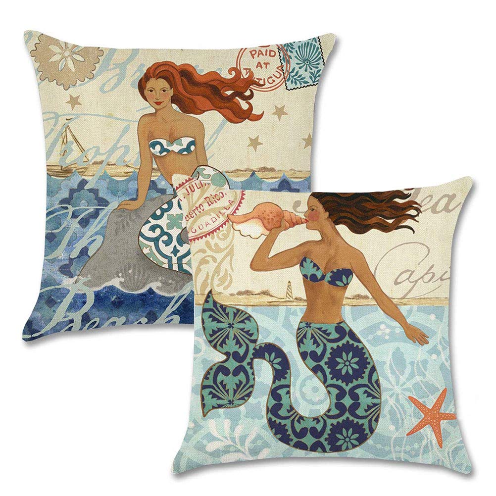 7ColorRoom 2Pack Mermaid Throw Pillow Covers Ocean Theme Beach Cushion Pillow Covers Cotton Linen Square Pillowcases for Car Sofa Bed Couch 18 x 18 Inch(Mermaid-1)
