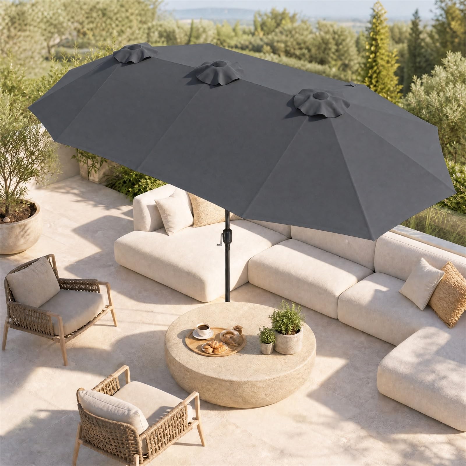 RELAX4LIFE Grand Parasol Double 4x2 M, Grand Parasol de Jardin Extérieur avec Manivelle, 12 Baleines, Toile Polyester Hydrofuge, Protection Solaire, Montage Facile pour Terrasse, Piscine (Gris)
