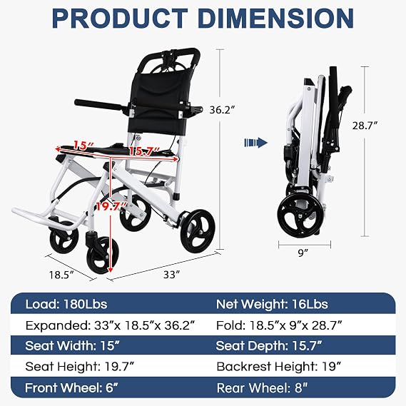 Ultra Light Transport Wheelchairs for Seniors Weight Only 16lbs, Travel Wheelchairs for Adults Lightweight Foldable Support 180lbs, Compact Aluminum Wheelchair Portable for Elderly
