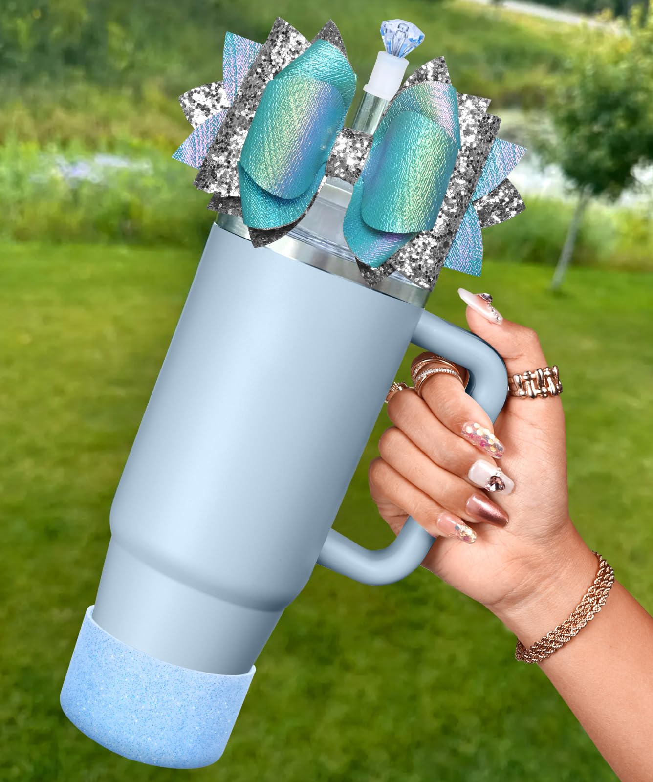 Toykee Cup Boot with Straw Cover for Stanley 40 30 oz - Cute Bow Straw Topper and Diamond Caps with Bottom Protector 3 PCS Sets for Tumbler