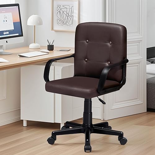 Miniatura 9 de VECELO Silla de escritorio de oficina ejecutiva de altura ajustable con reposabrazos, piel sintética, espalda media, giratoria de 360 grados con