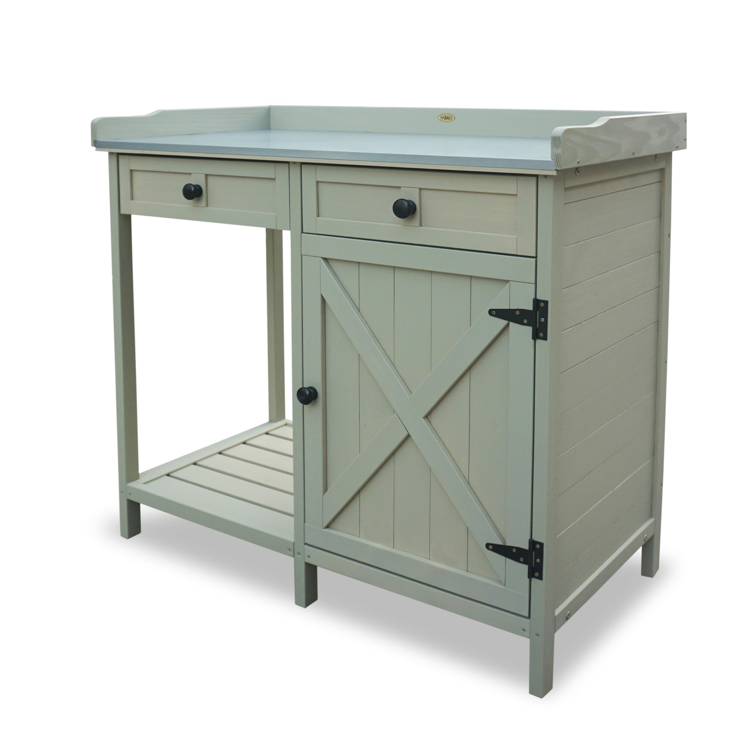 HABAU Pflanztisch mit Unterschrank – Gartentisch aus FSC®-zertifiziertem Massivholz mit Arbeitsfläche & Stauraum – 98 x 48 x 95 cm – Grau