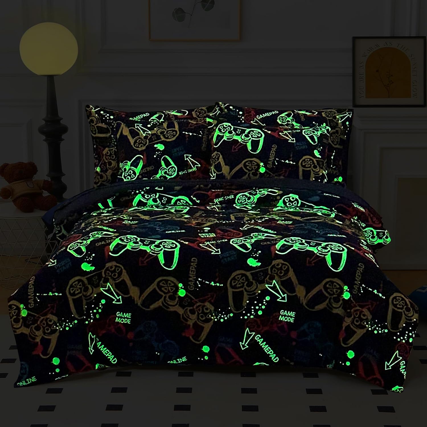 Glow in The Dark Kids Comforter Set, 4 Pieces Gamepad Pattern Bedding Set Full Size for Boys Girls Teen, 1 Comforter, 1 Pillowcase, 2 Pillow Shams - Image 6
