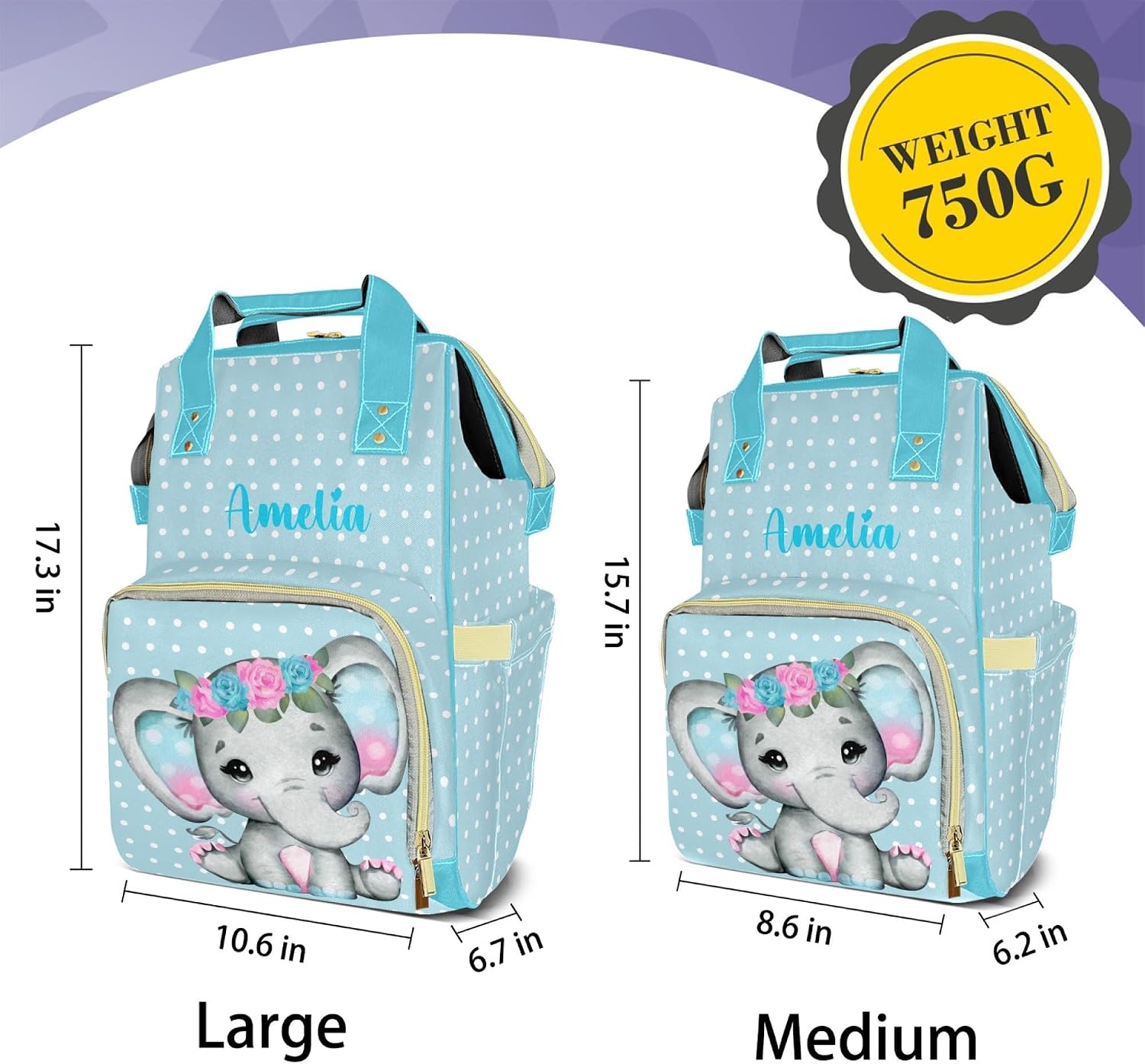 Voltexia Personalized Baby Elephant with Flowers Diaper Bag Nursing Baby Bags Nappy Bag with Name Casual Travel Backpack with Thermal Pockets Diaper Bags for Baby Girl