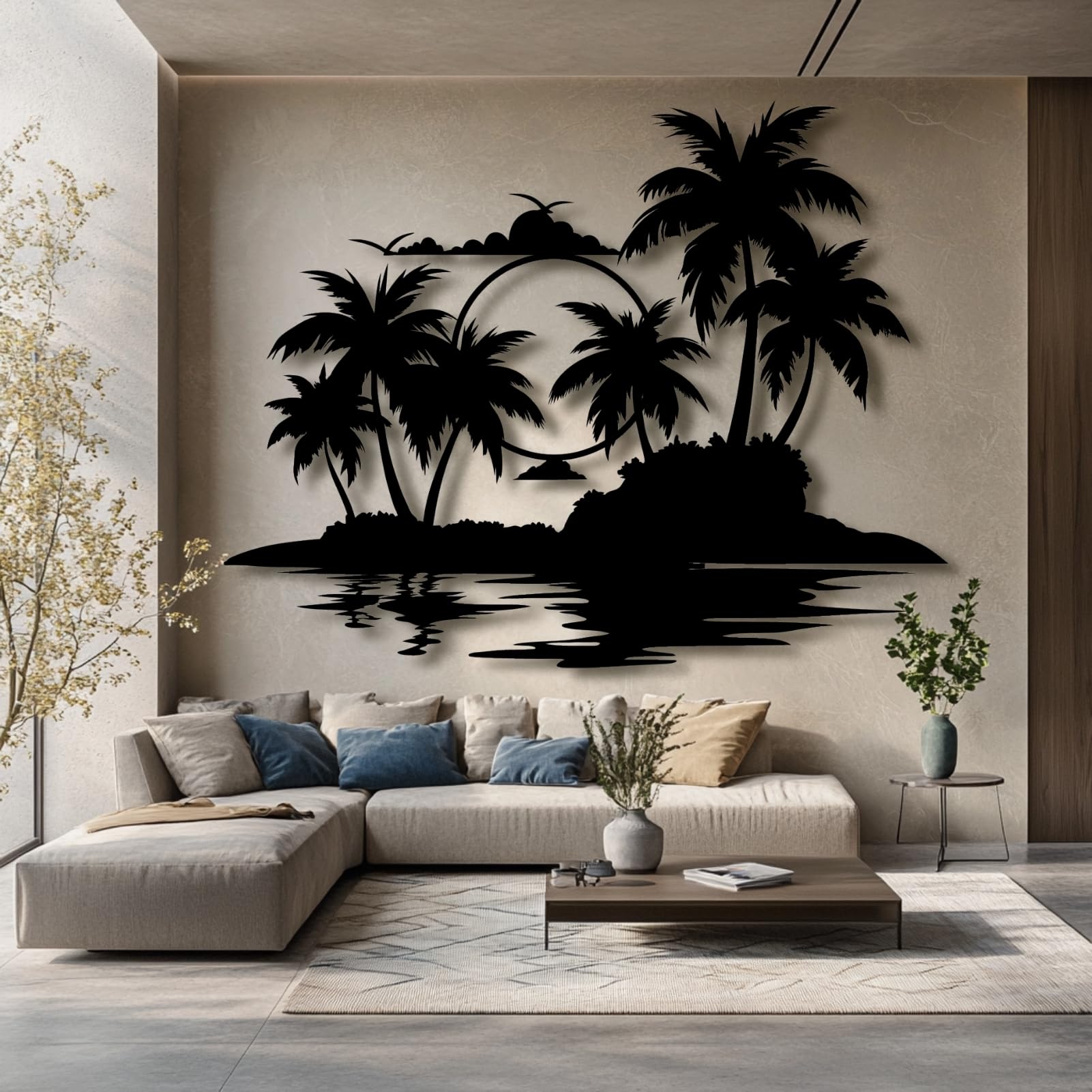 Lunwall Palmier en métal, décoration murale en forme de palmier tropical, 76 x 60 cm, support mural, intérieur et extérieur, noir