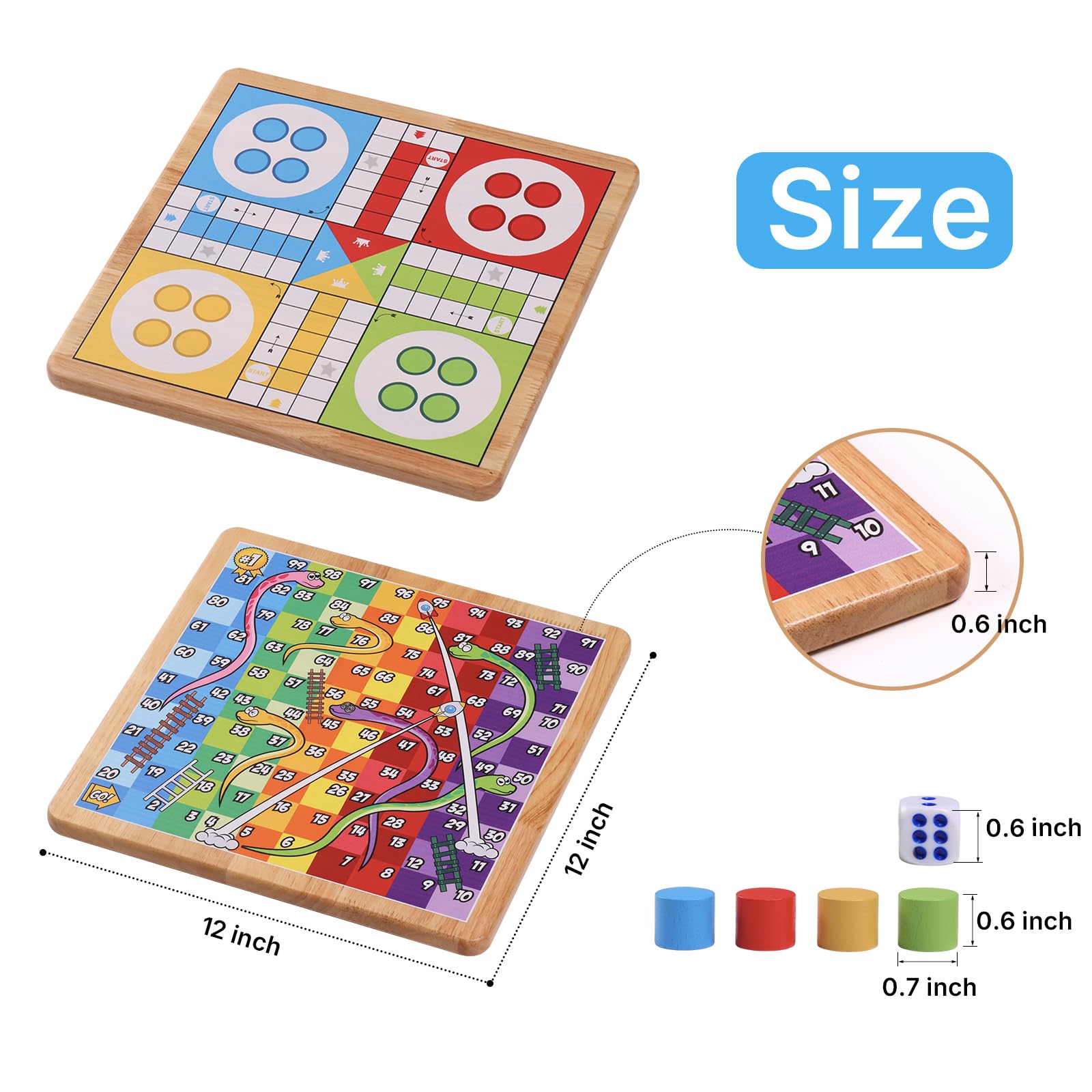 Juego de mesa Ludo+Snakes&Ladders de 30,5 cm, madera de caucho maciza con | Hecho de madera de caucho de calidad, utiliza impresión digital UV para garantizar que los gráficos y los colores sean