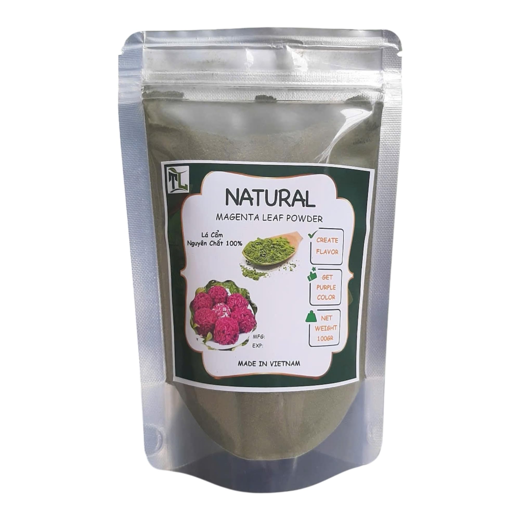 100 Gram Bot La Cam Tao Mau Tu Nhien - Magenta Leaf Powder - 100% Natural - Vietnamese Specialties