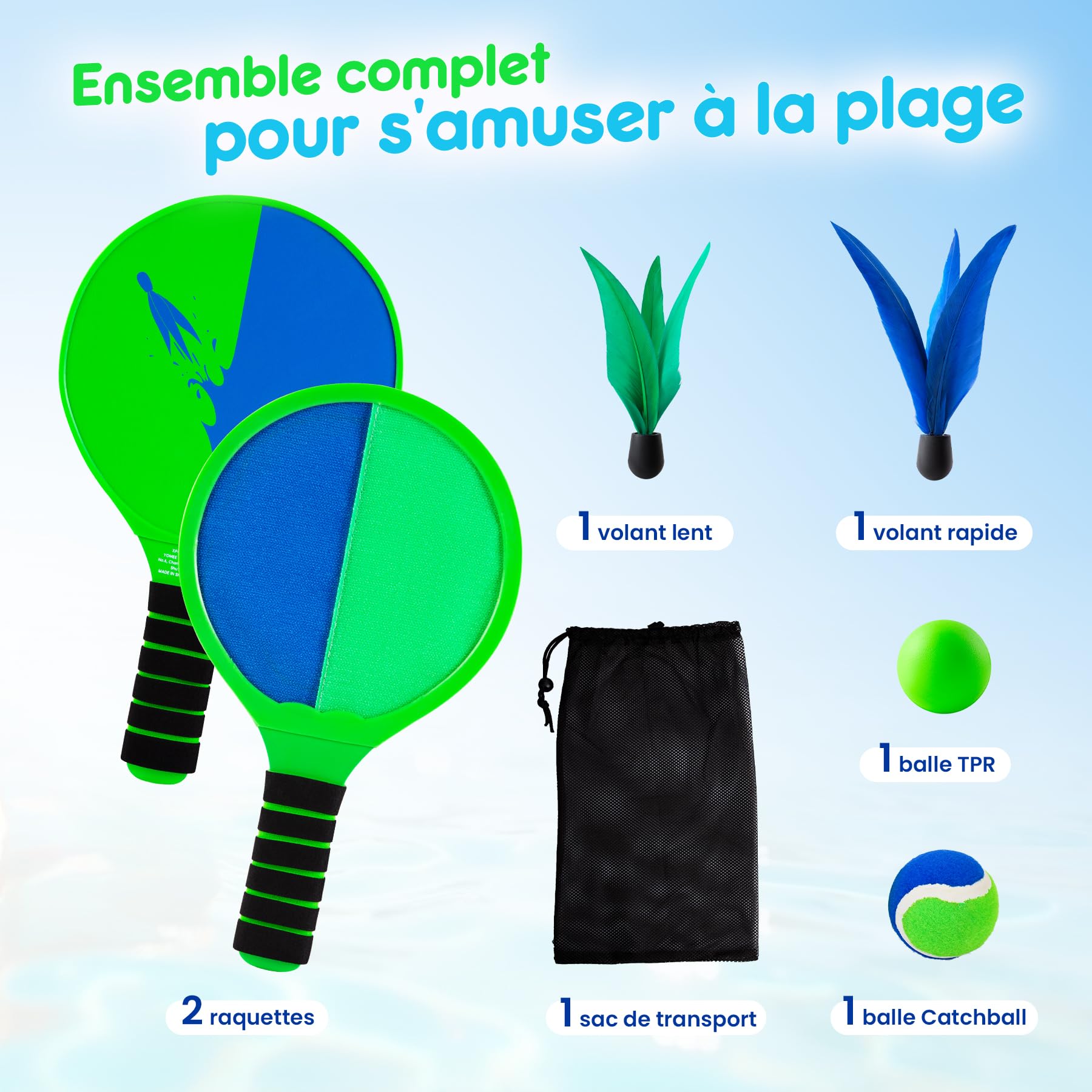 U&C Planet Ensemble de Beach-Tennis Raquettes, Balle et Jeu de Raquettes, Jeu à Deux Joueurs, Ensemble de Raquettes de Plage pour Enfants et familles, Jeux de Balle d'extérieur