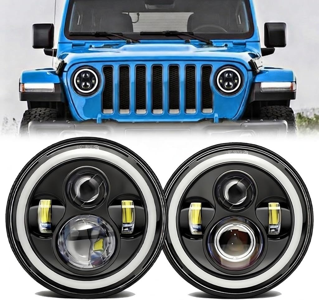 Jeep wrangler headlight,7" LED Halo Headlights for Jeep Wrangler JK JKU TJ LJ CJ 2007–2017, DOT Approved Hi/Lo Beam, White DRL & Amber Turn Signal, 1 Pair (Black)