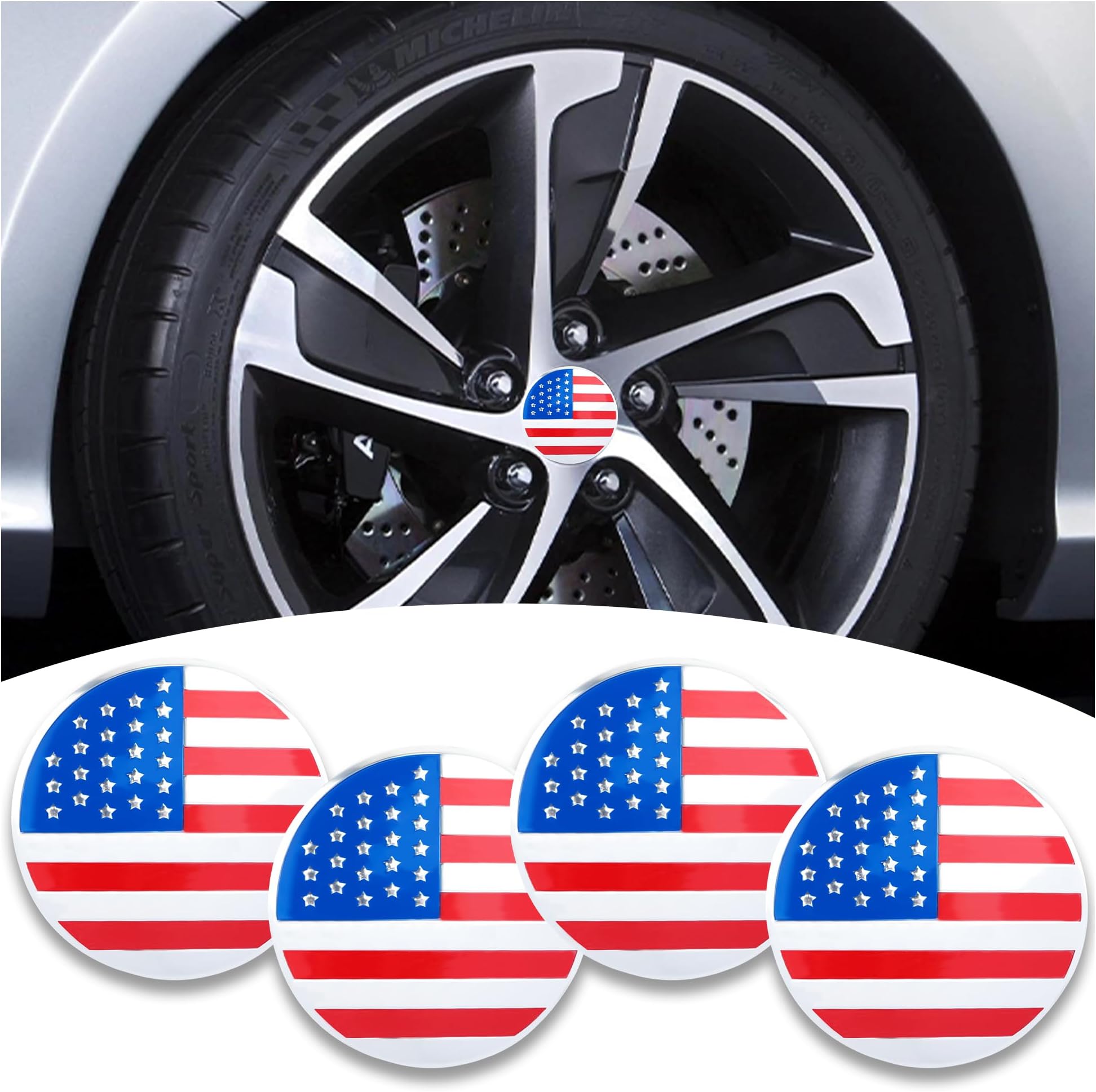 4PCS American Flag Car Wheel Center Caps,Wheel Hub Caps Sticker Compatible with 56mm/2.2 Inch Wheel Hub Caps,Automotive Exterior Accessories Center Caps for Rims Car Decorations (Color Flag)