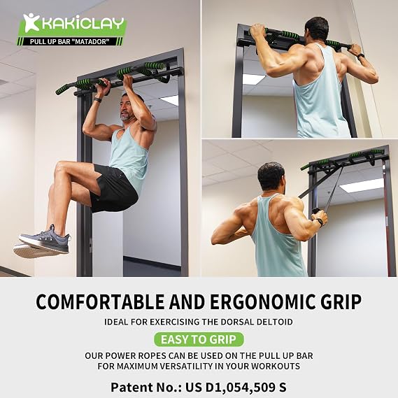 KAKICLAY New Upgrade Pull Up Bar for Doorway with Ergonomic Grip - Upto 440 Lbs Capacity, No Screwing or Slipping - USA Original Patent, Designed, Shipped,