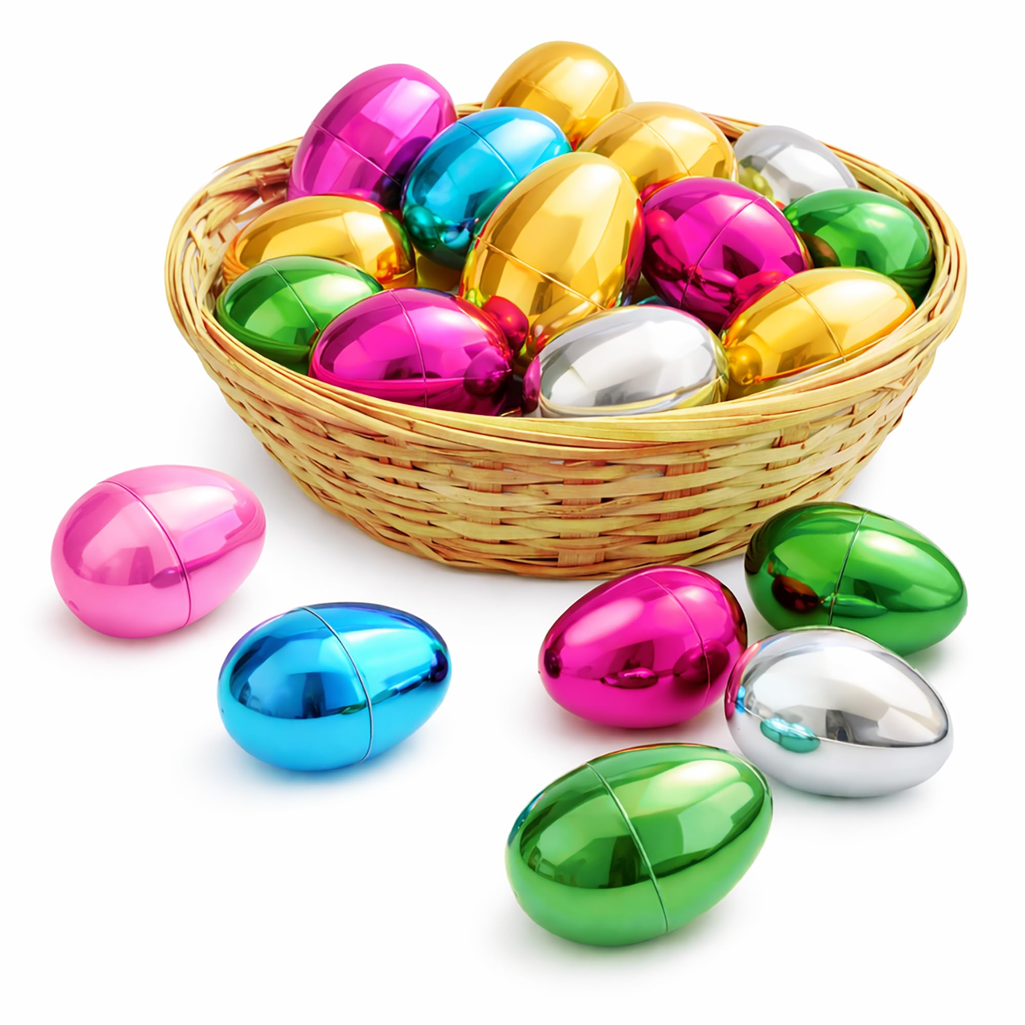GiftExpress 50 Pcs Metallic Color Easter Eggs - Golden Assorted Colorful Hinged Eggs for Easter Egg Hunt, Basket Stuffer Party Toys, Surprising Egg,