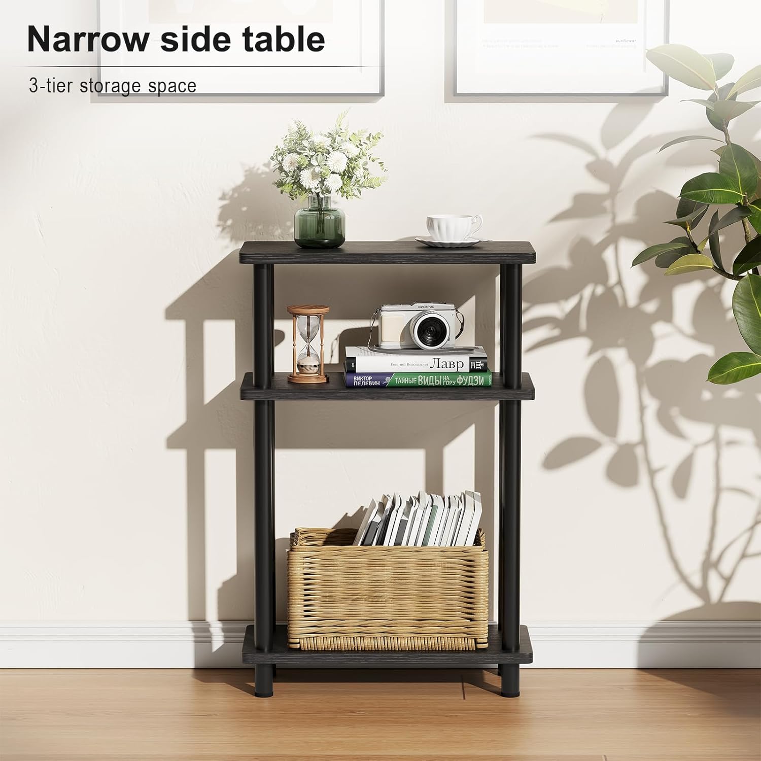 Apicizon Small Narrow Side Table, 3-Tier Skinny End Table with Storage Shelf, Slim Nightstand Bedside Table for Small Spaces, Living Room, Bderoom, Black