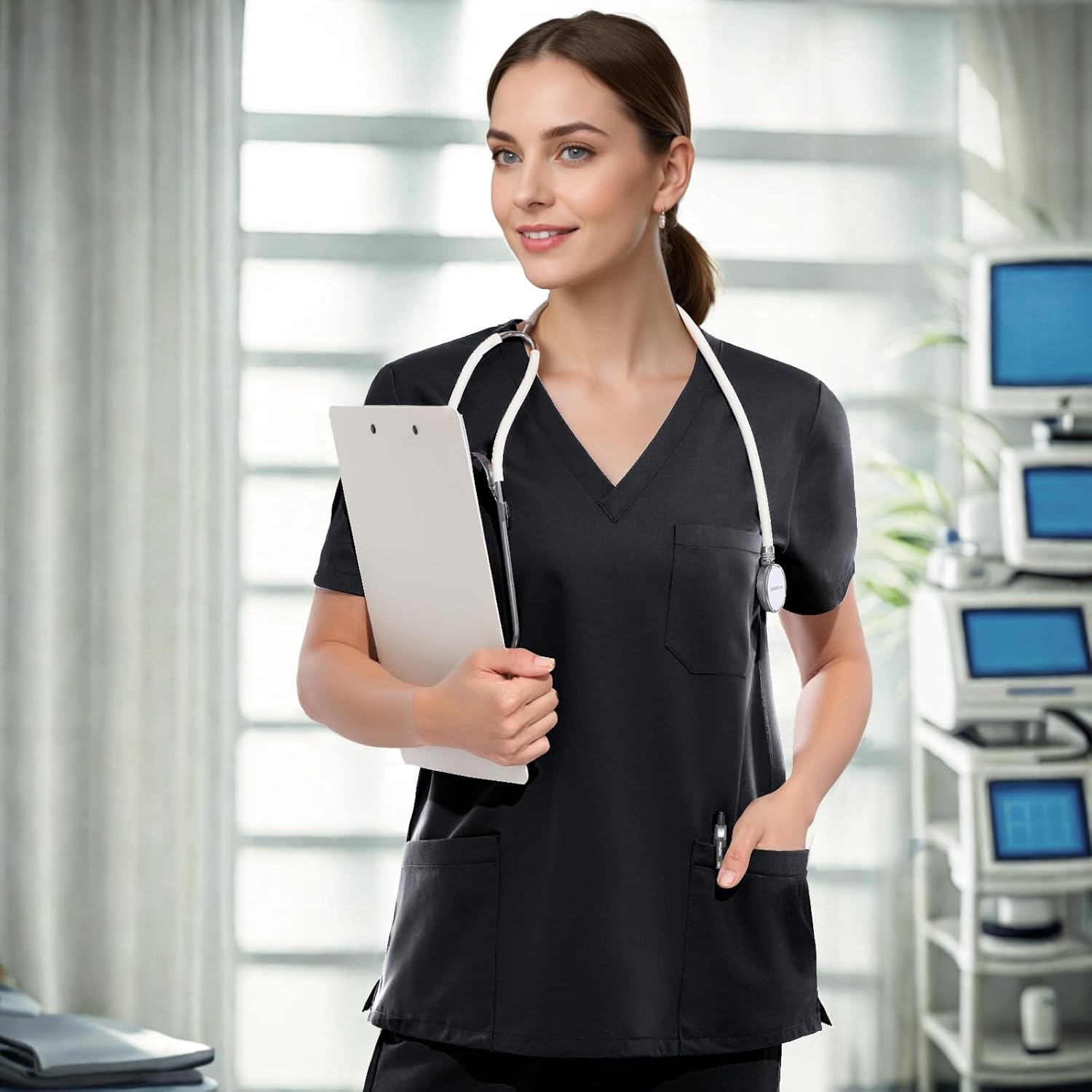 Scrubs for Women Set, Stretchy V-Neck Top & Jogger Pants with Multi-Pocket Yoga Waistband - Image 3