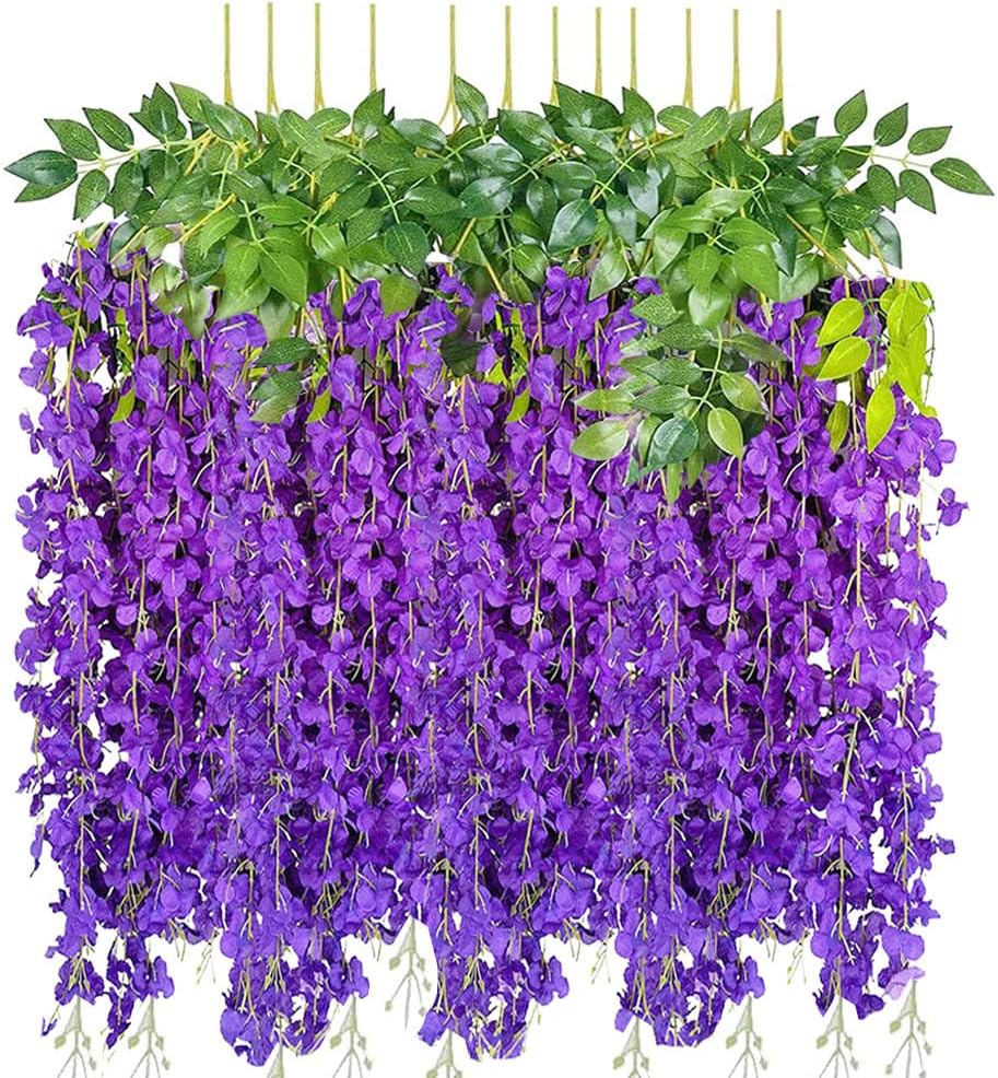 Warmroom 12pcs 3.6 Feet/Piece Artificial Fake Wisteria Vine Ratta Hanging Garland Silk Flowers String Home Party Wedding Decor (Purple)